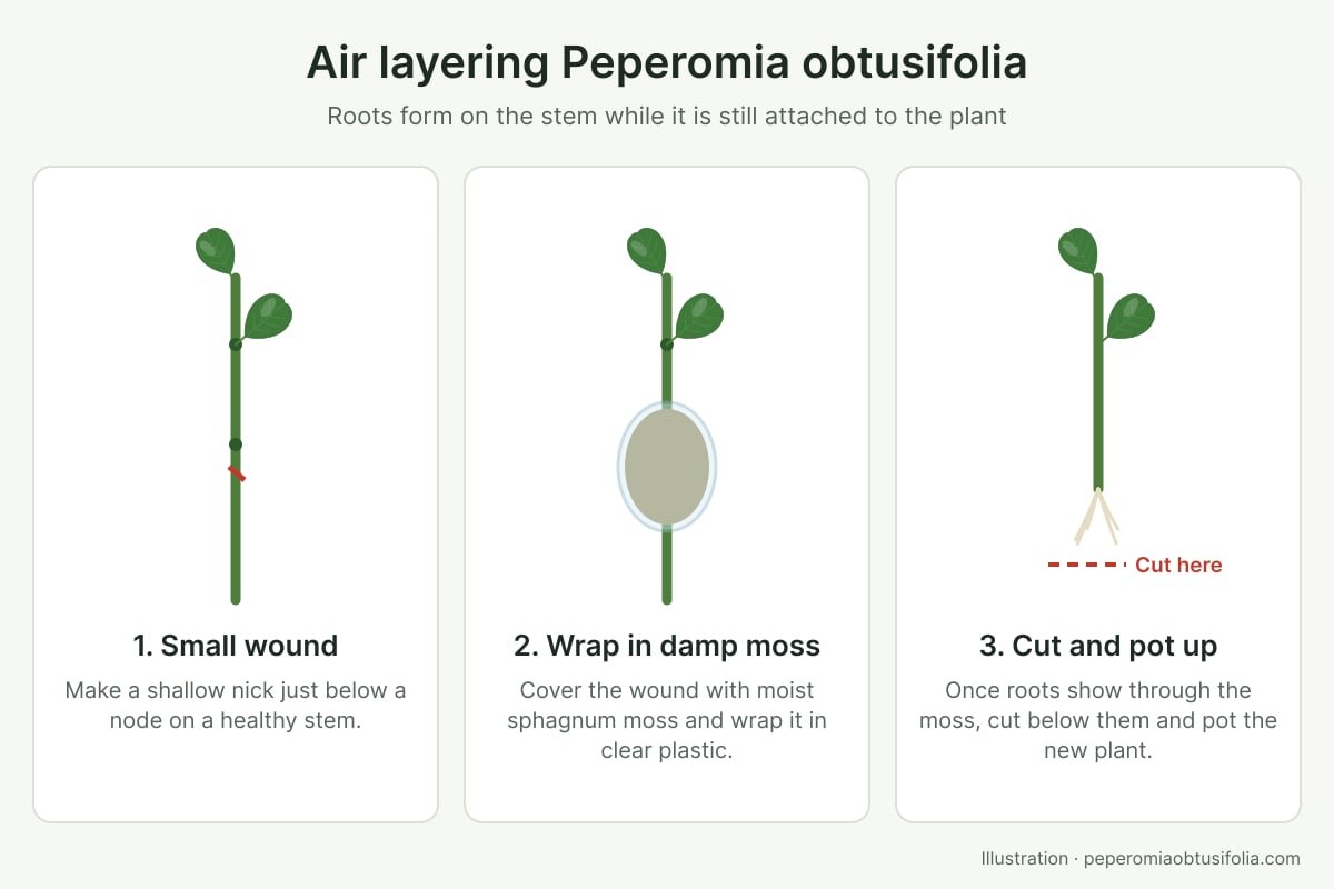 Diagram of air layering Peperomia obtusifolia: wound below a node, wrap in damp moss, cut below the new roots