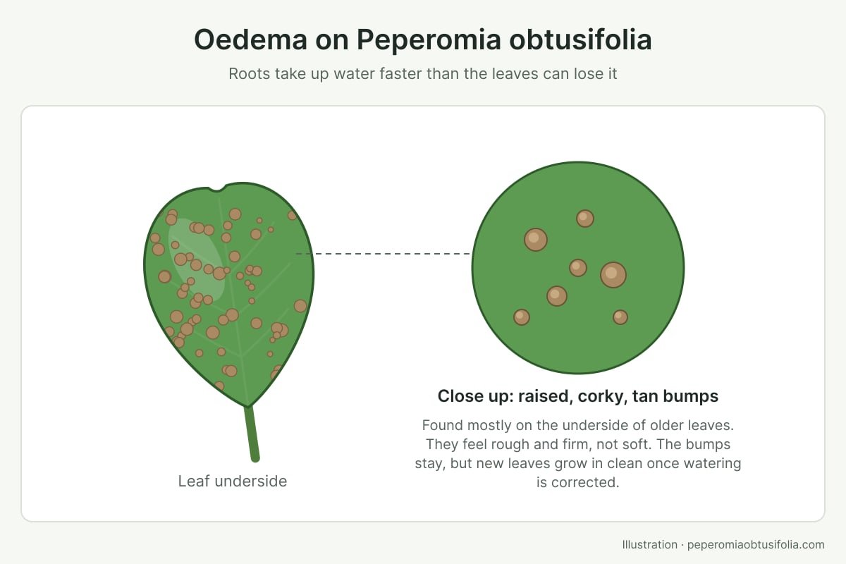 Illustration of oedema on the underside of a Peperomia obtusifolia leaf, with a close-up of the raised, corky tan bumps