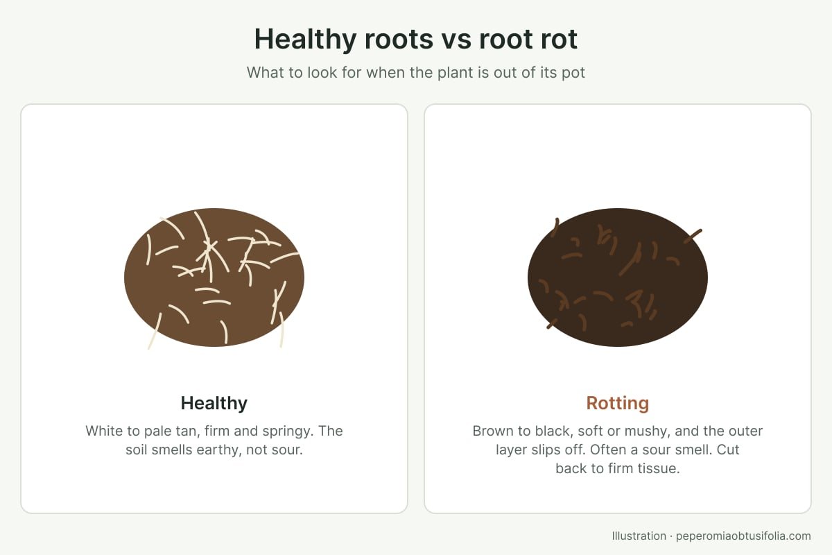 Diagram comparing healthy pale, firm roots with dark, mushy rotting roots