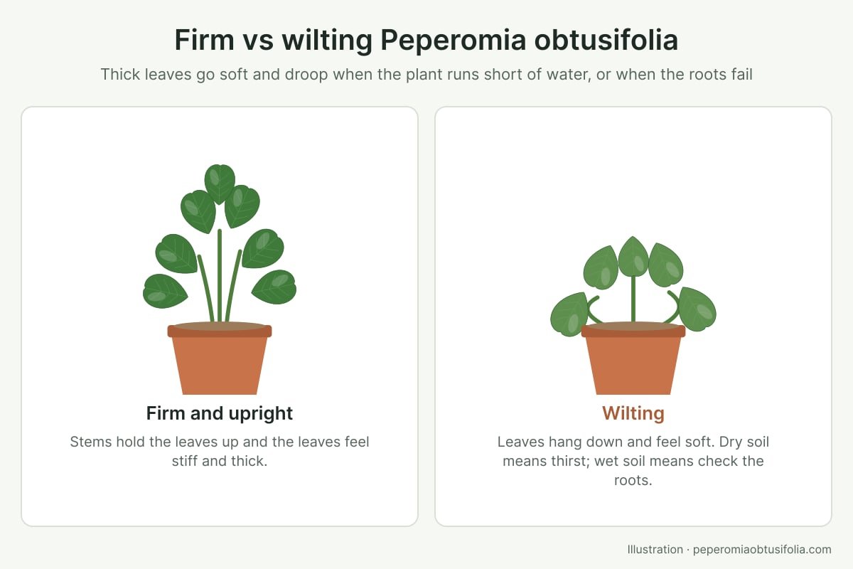 Illustration comparing a firm, upright Peperomia obtusifolia with a wilting plant whose leaves hang down