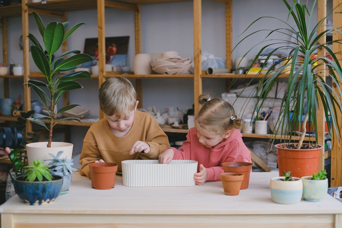Children gardening indoors with potted plants — curiosity nips are not a reason to serve ornamental Peperomia as food