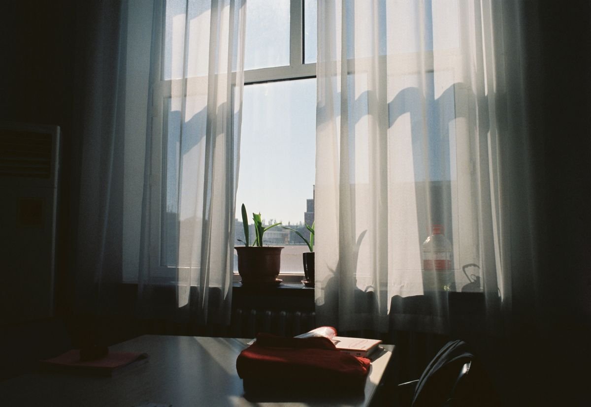 Sunlight filtered through sheer curtains into a calm indoor room