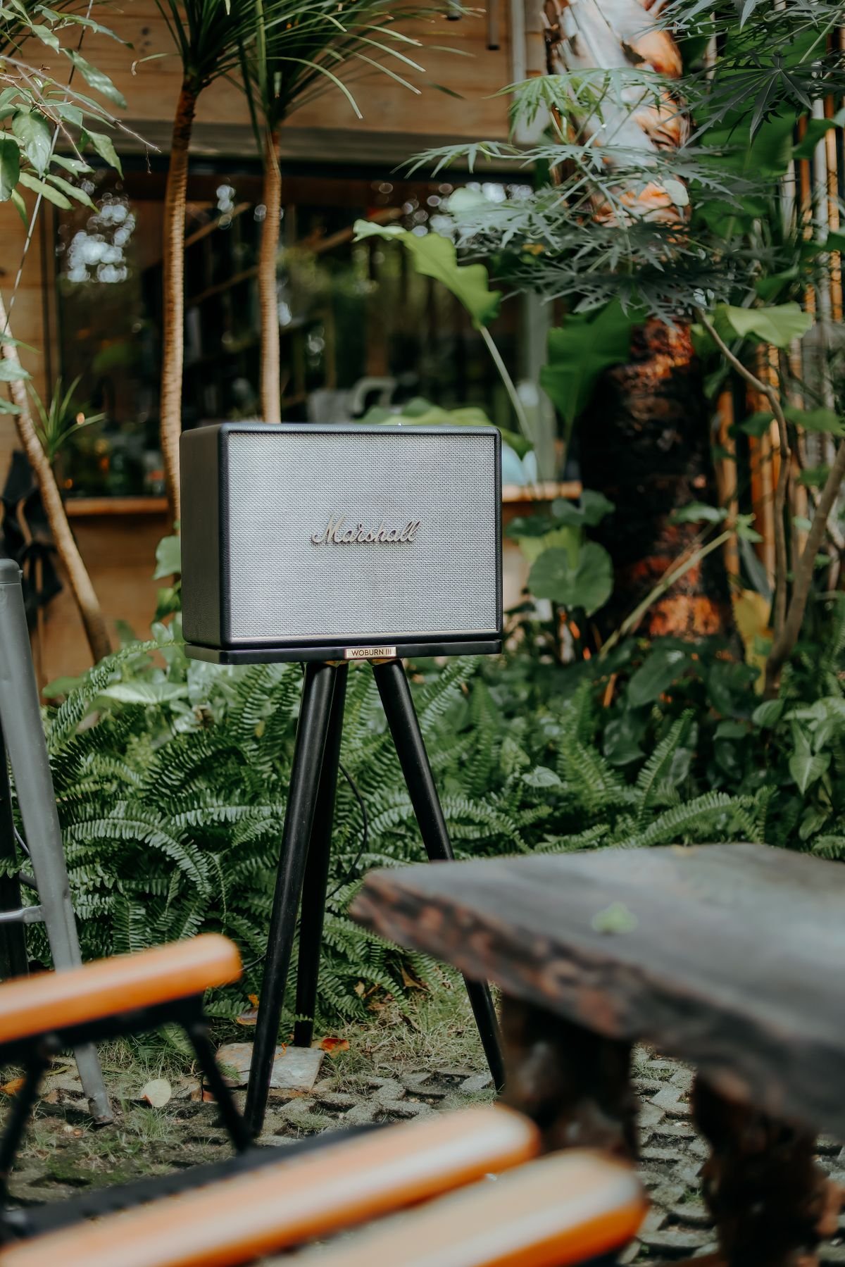 Bluetooth speaker on a tripod among dense green foliage outdoors