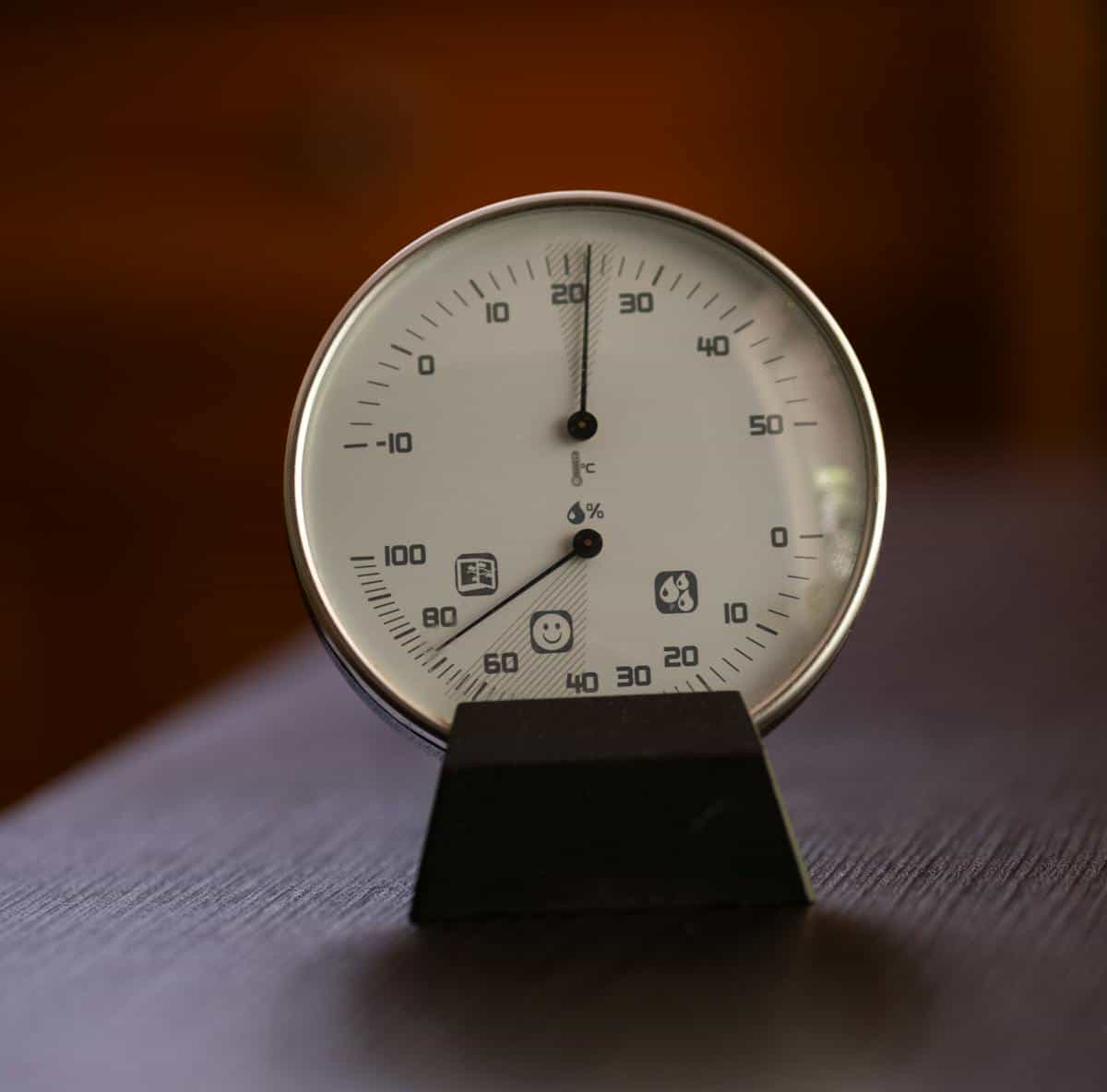 A hygrometer and thermometer displaying indoor temperature and humidity readings — the only reliable instrument for diagnosing VPD-driven curl