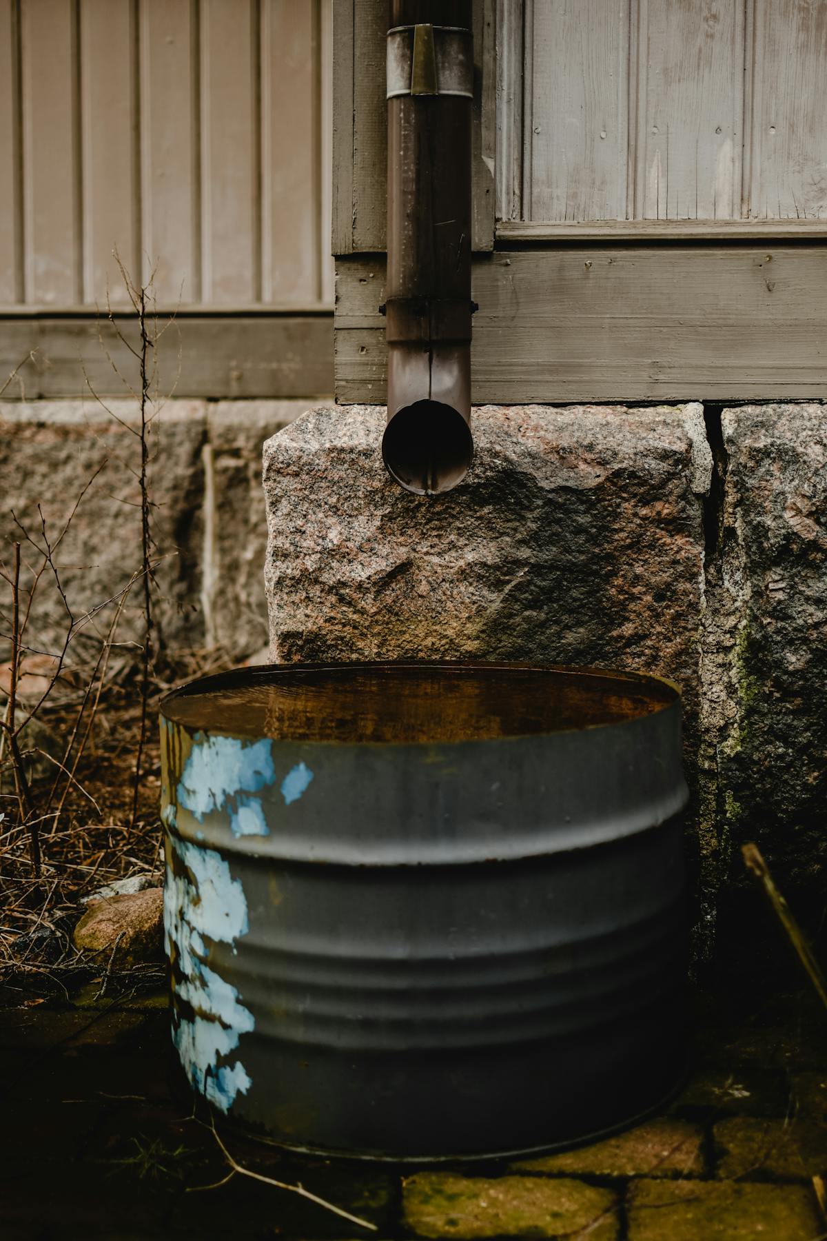 Rustic setup of a downspout and corroded barrel beside a wooden house wall