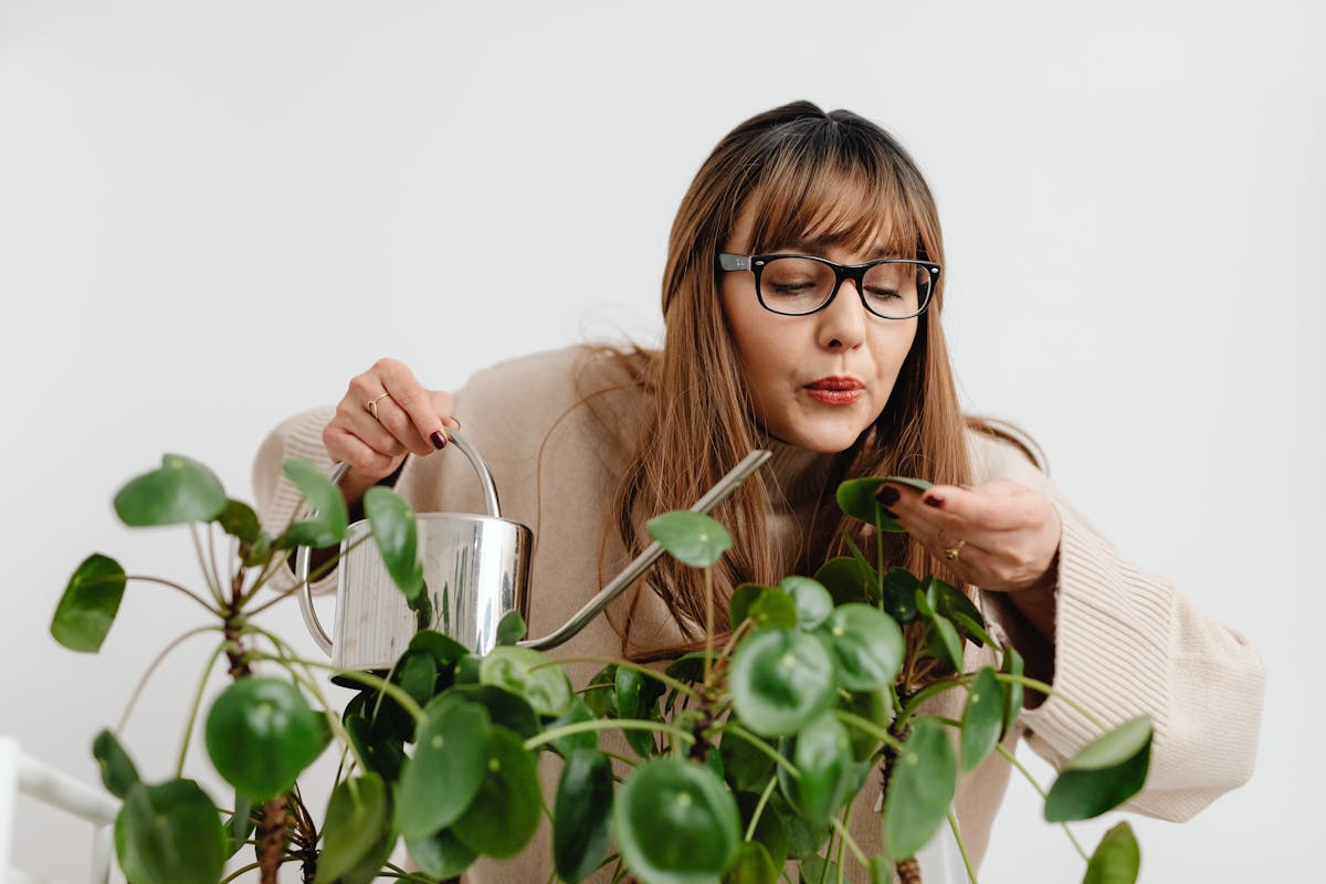 A woman carefully tends to her houseplant indoors with a watering can