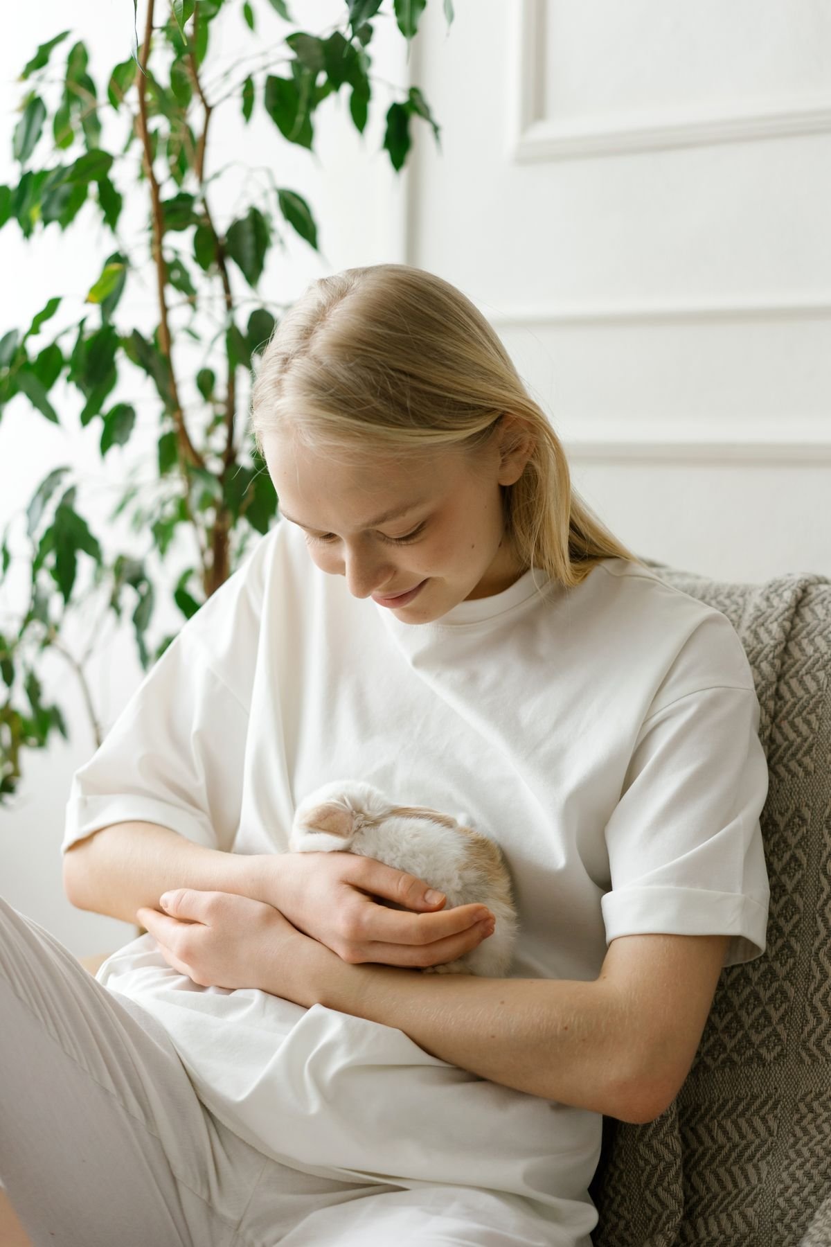 Young woman gently holding a rabbit indoors, illustrating close contact between pet rabbits and household plants