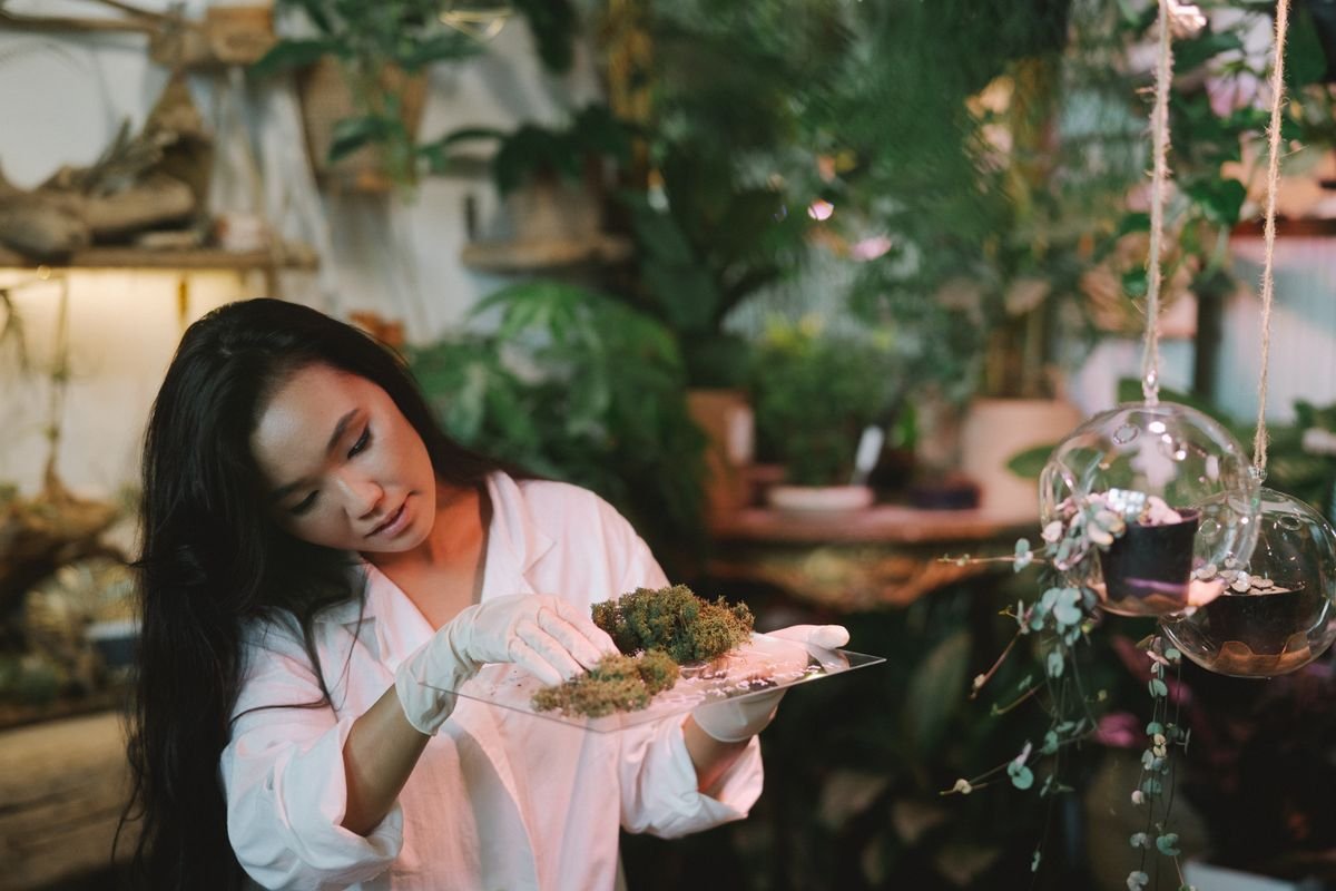Researcher in a lab coat examining plant specimens among indoor greenery