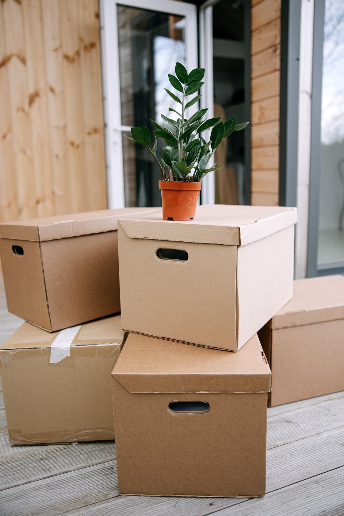 A stack of cardboard shipping boxes with a potted houseplant on a porch