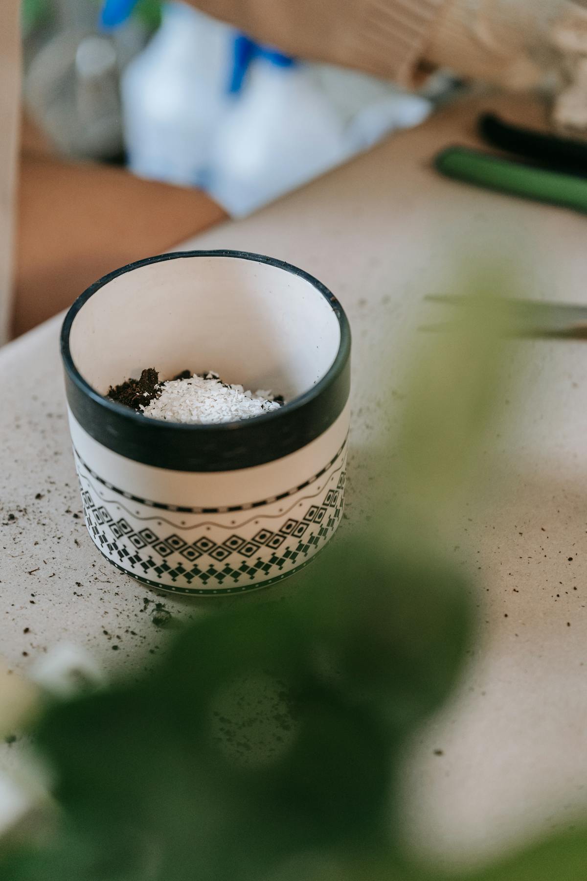 Close-up of a ceramic pot with soil and white fertiliser granules — the routine accumulation of salts that produces the chemical-drought form of downward curl