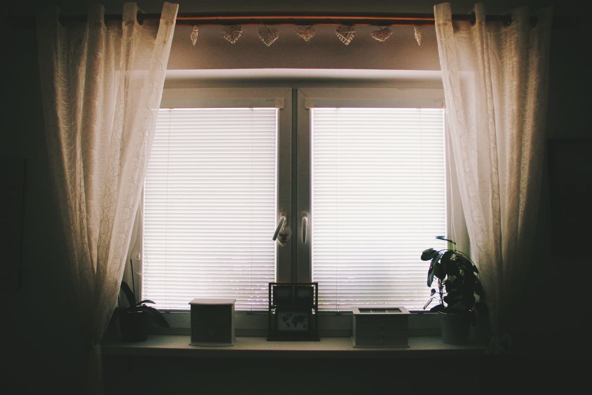 A home interior window with sheer curtains, blinds, and potted plants illustrating filtered indoor light