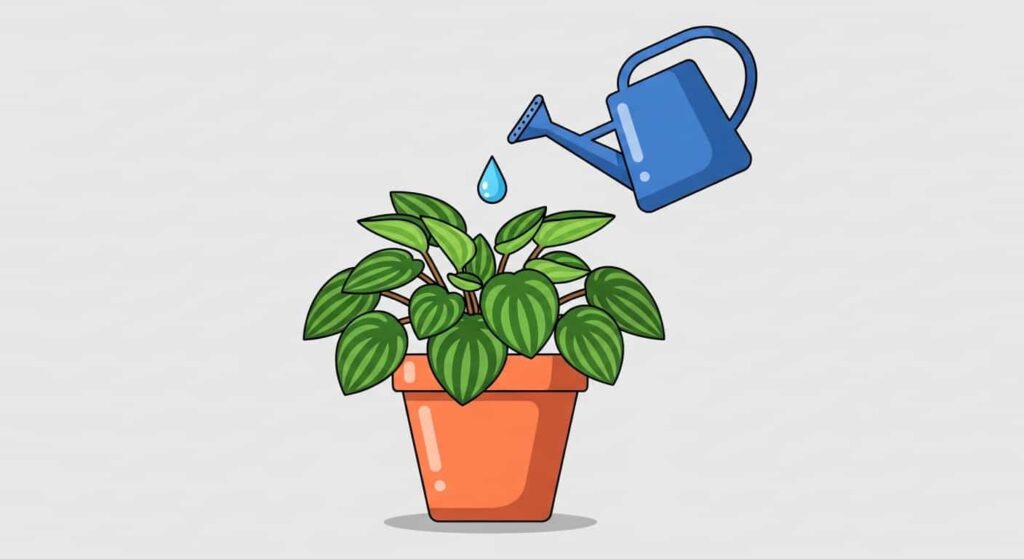 Flat cartoon illustration of a Baby Rubber Plant (Peperomia Obtusifolia) in a terracotta pot being watered with a blue watering can, representing proper plant care.