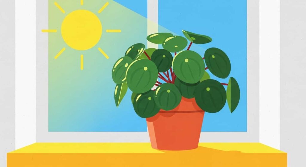 Peperomia Obtusifolia Baby Rubber Plant on a windowsill receiving bright indirect sunlight cartoon illustration