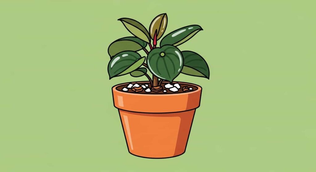 Flat cartoon illustration of a Peperomia obtusifolia Baby Rubber Plant in a terracotta pot with a well-draining soil mix featuring perlite and orchid bark.