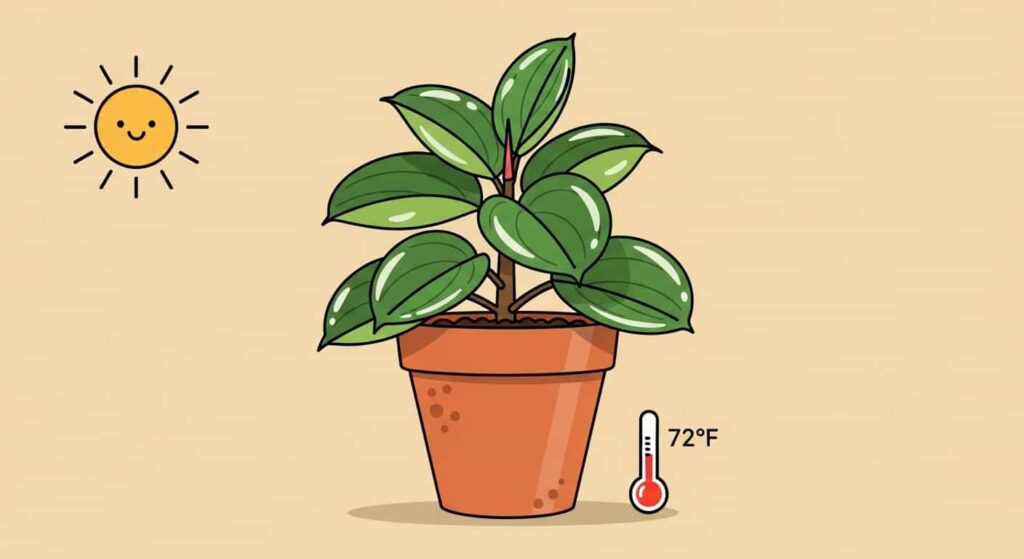 Flat cartoon illustration of a Peperomia Obtusifolia Baby Rubber Plant in a terracotta pot with a sun and thermometer icon, representing ideal warm temperature conditions.