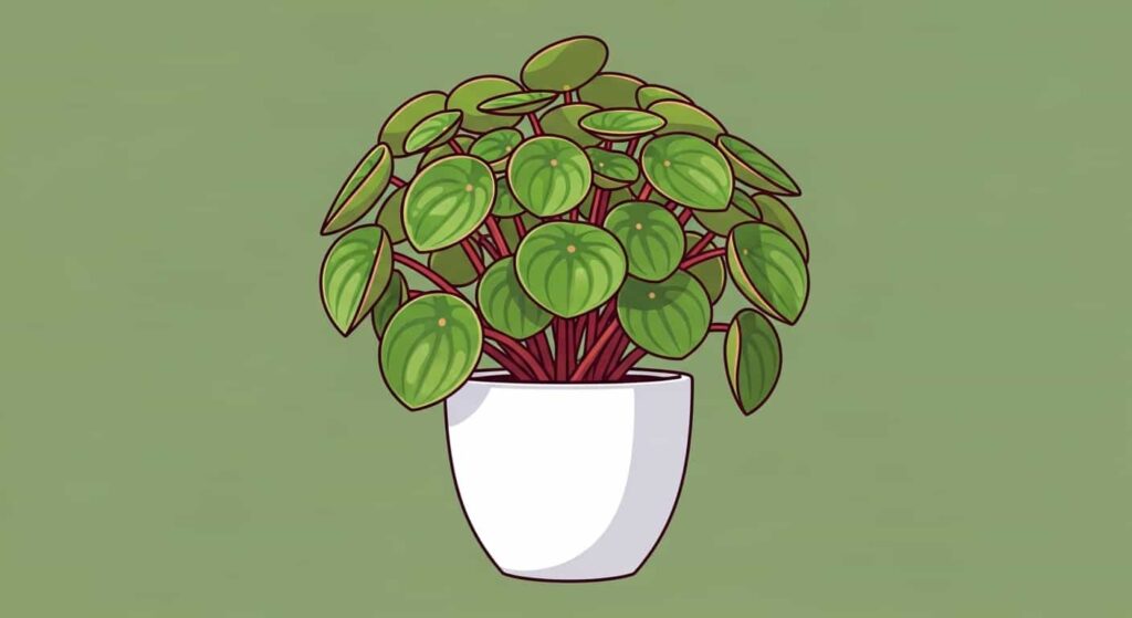 Flat cartoon illustration of a Peperomia Obtusifolia Baby Rubber Plant in a white pot on a green background.