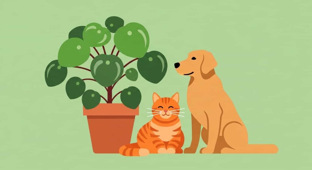 Pet-safe Baby Rubber Plant (Peperomia Obtusifolia) sitting next to a cat and dog, showing it is non-toxic for pets.
