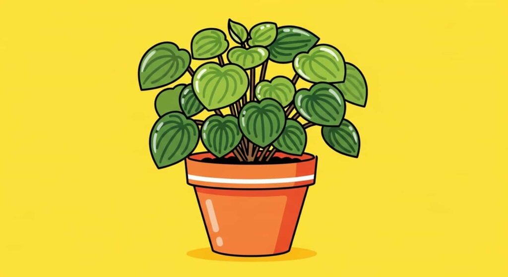 Flat cartoon illustration of a Peperomia obtusifolia baby rubber plant in a terracotta pot on a yellow background.
