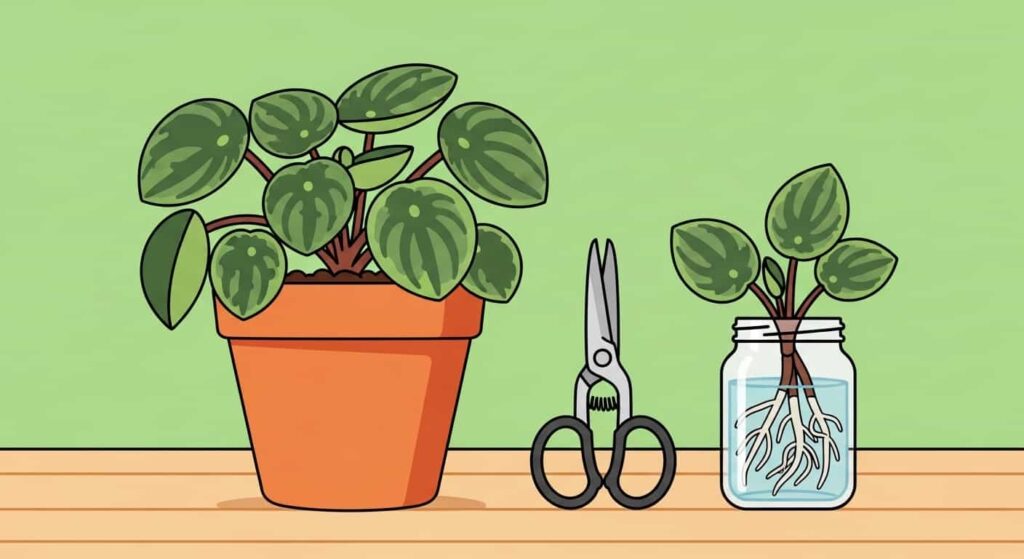 A flat cartoon illustration of a Peperomia Obtusifolia, also known as a Baby Rubber Plant, with pruning shears and a propagating cutting in water.