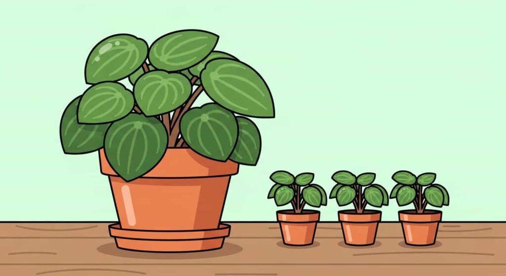 Flat cartoon illustration of a Peperomia obtusifolia (Baby Rubber Plant) with three propagated baby plants in small pots, representing plant propagation methods.