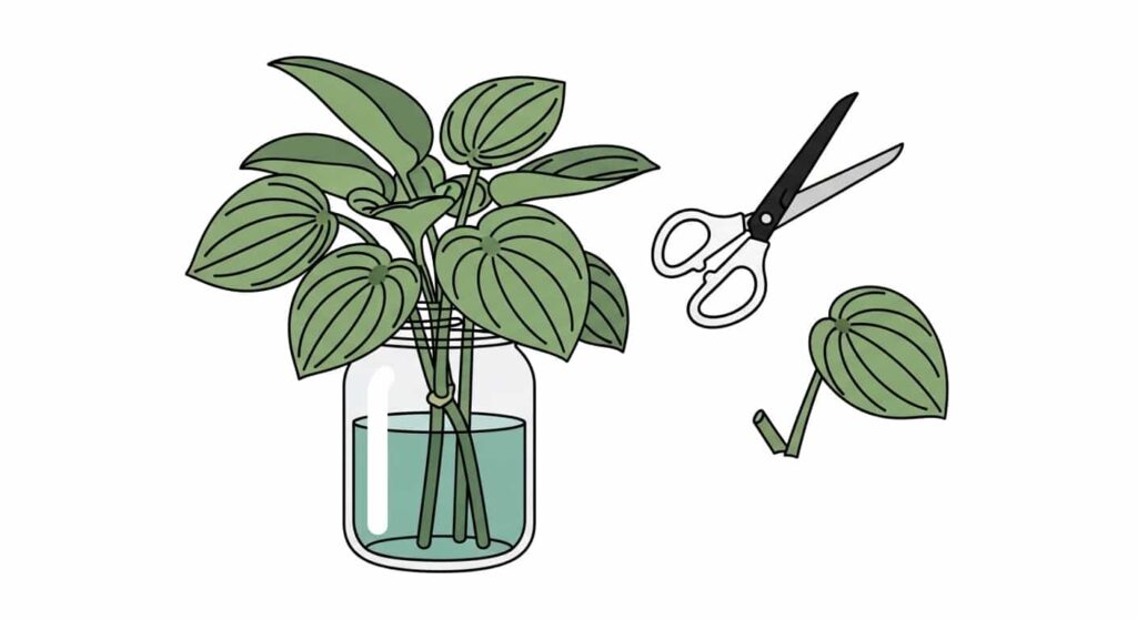 Flat cartoon illustration of a Peperomia Obtusifolia plant propagation in a glass jar of water with scissors.