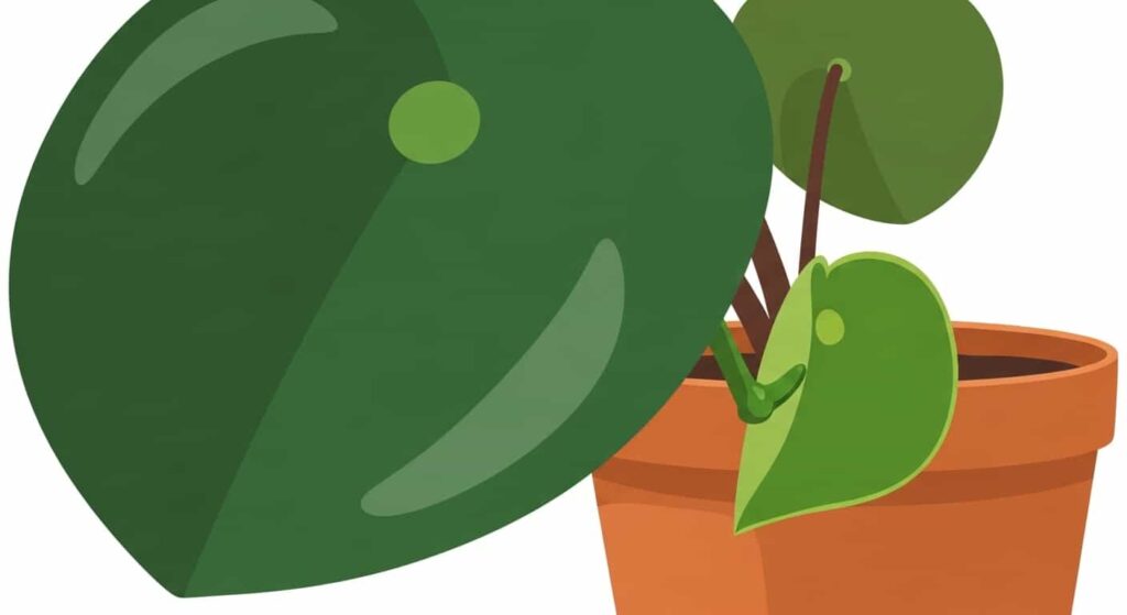 Flat cartoon illustration of Peperomia obtusifolia leaf propagation showing a new plantlet growing from a mature leaf.