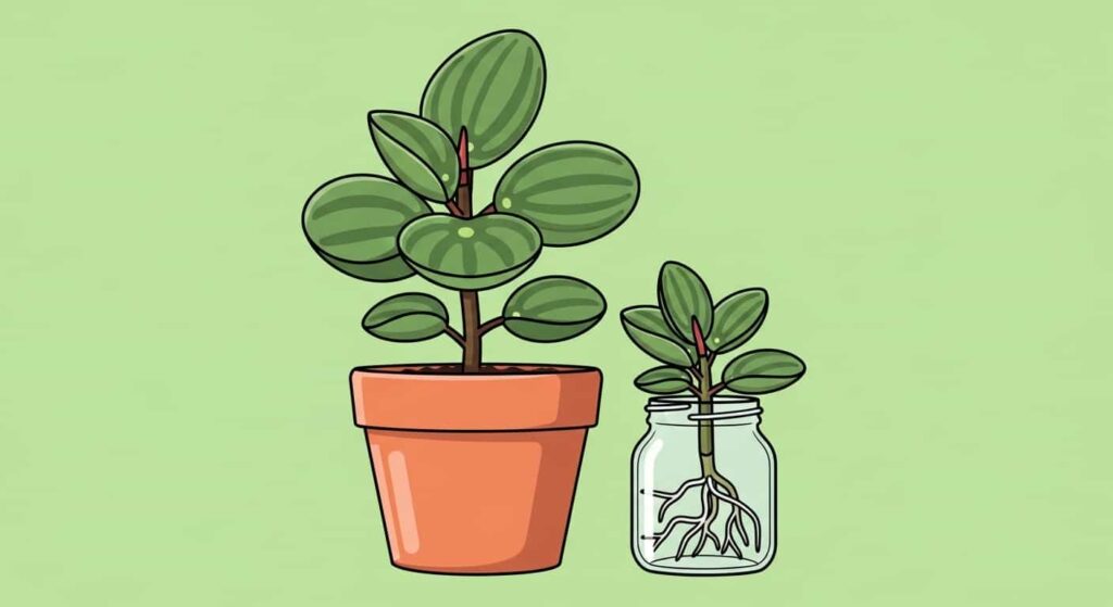 Propagation of Peperomia obtusifolia stem cutting in glass jar next to mother plant flat cartoon illustration