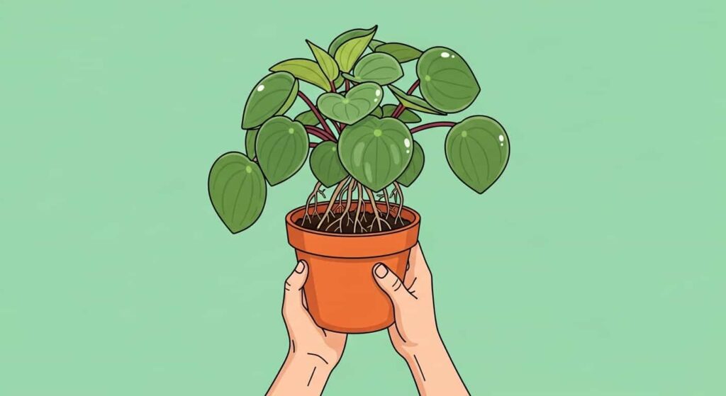 Flat cartoon illustration showing how to divide a Peperomia obtusifolia by lifting the plant out of a terracotta pot with soil and roots visible.