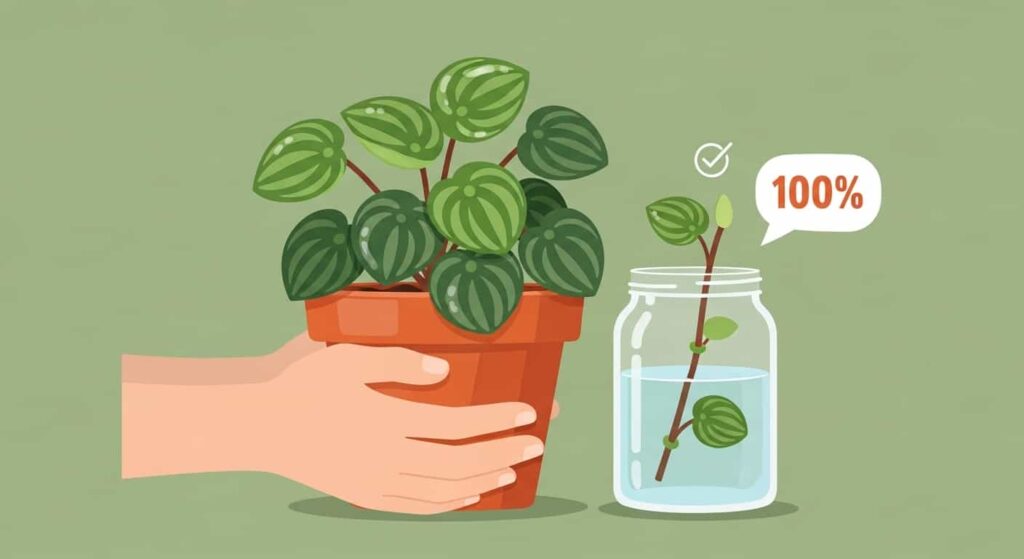 Flat cartoon illustration showing successful propagation of Peperomia Obtusifolia, featuring a mother plant in a terracotta pot and a stem cutting rooting in a glass jar of water.