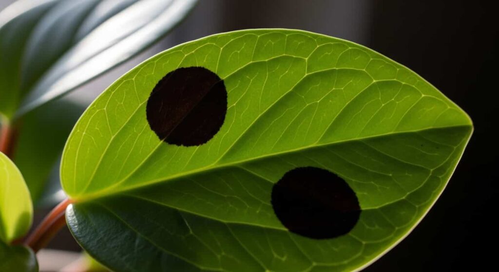 Close up of a Peperomia obtusifolia leaf showing two round black spots on a glossy green surface
