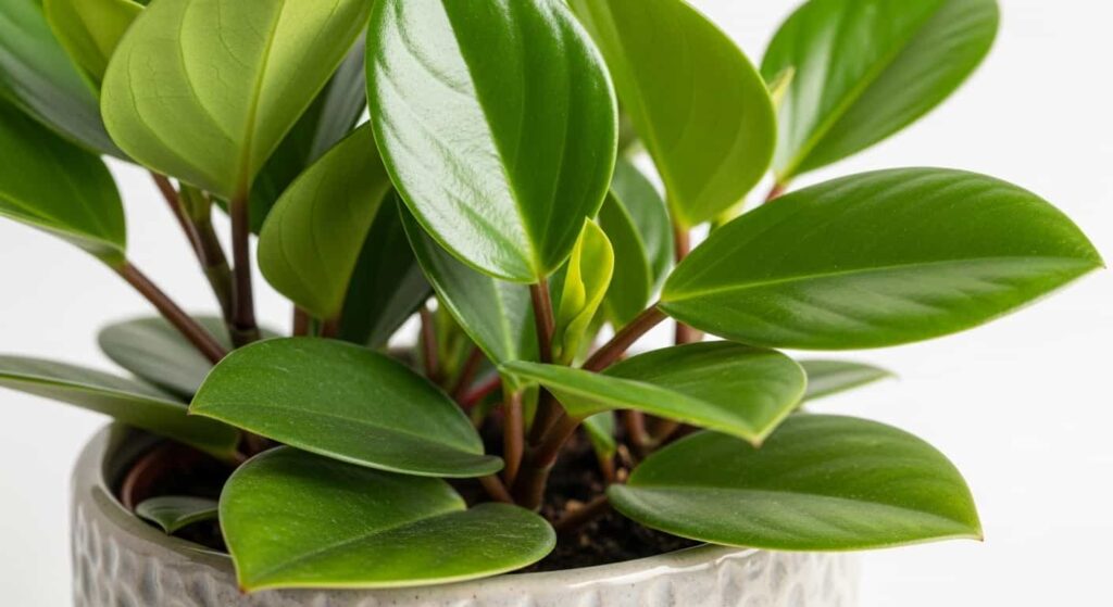 Healthy Peperomia obtusifolia with flat glossy leaves and upright stems in bright indirect light