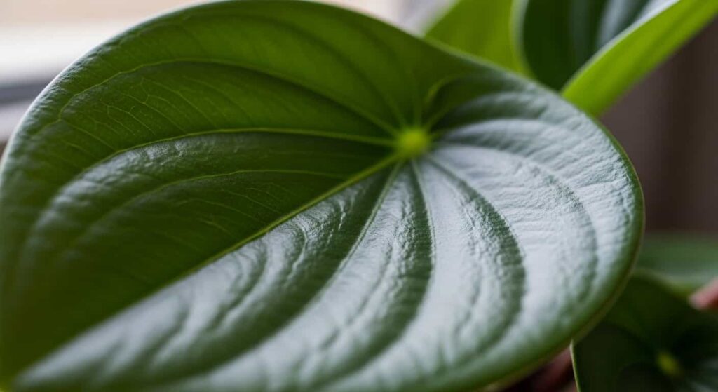 Close up of healthy glossy green Peperomia Obtusifolia baby rubber plant leaf showing thick succulent texture and natural leaf veins