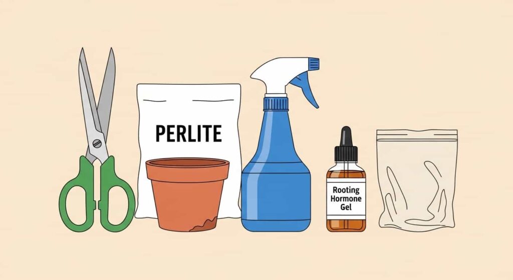 Flat lay cartoon illustration of essential propagation tools including scissors, perlite, a spray bottle, rooting hormone, and a terracotta pot.