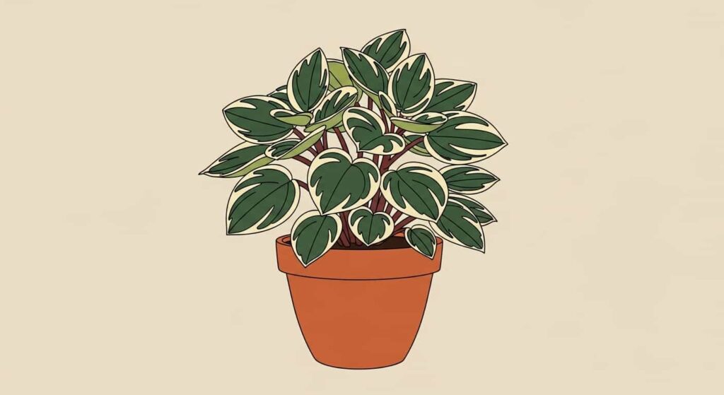 Cartoon illustration of a Peperomia Obtusifolia Baby Rubber Plant in a terracotta pot.
