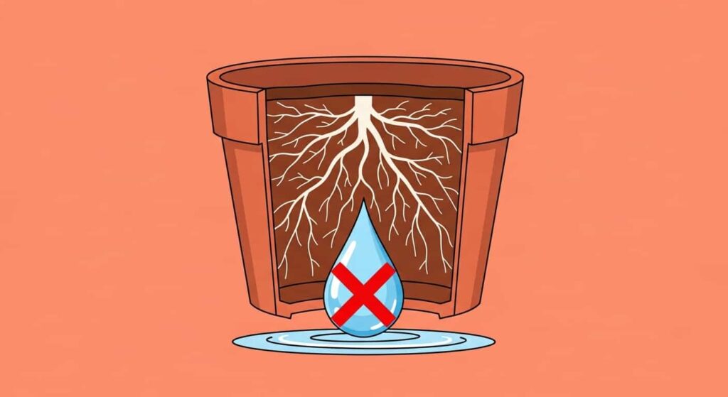 Diagram showing a shallow root system and a red X over excess water pooling to represent the risk of root rot.