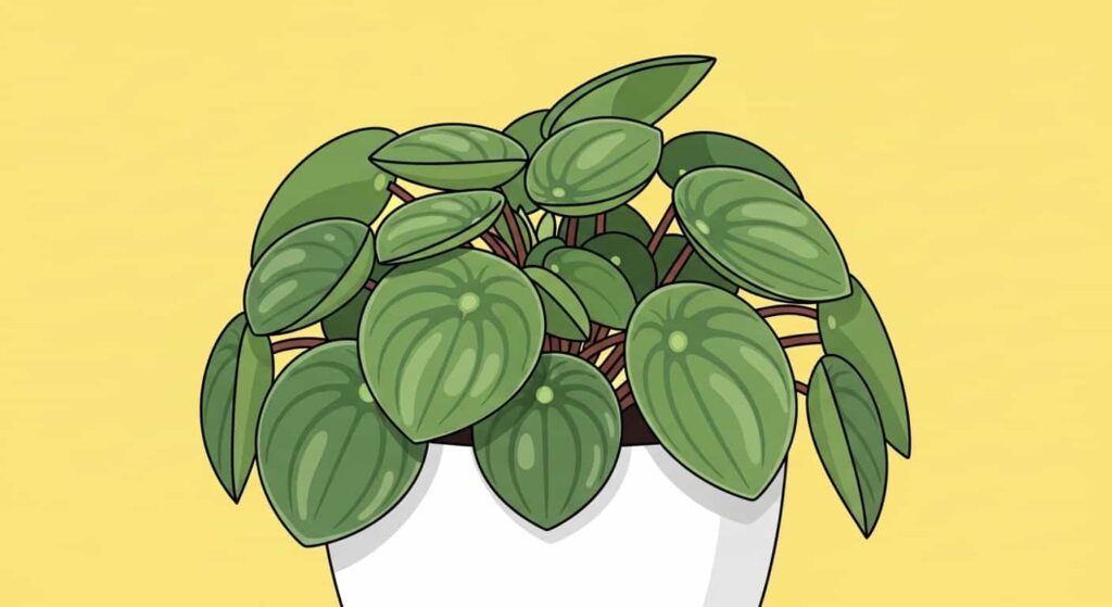 Cartoon-style close-up of a healthy Peperomia obtusifolia plant, also known as Baby Rubber Plant, with glossy green leaves in a white pot.
