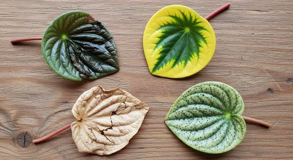 Four Peperomia obtusifolia leaves showing different types of black spots including mushy rot, yellow halos, sunburn, and pest damage