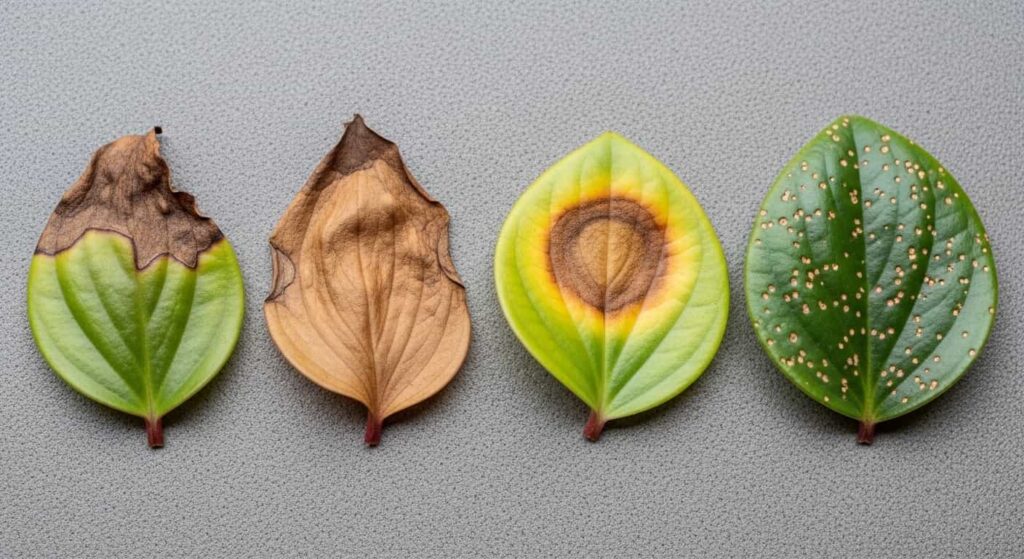 Comparison of four different brown leaf patterns on baby rubber plant including crispy tips mushy patches yellow halos and pest specks for diagnosis