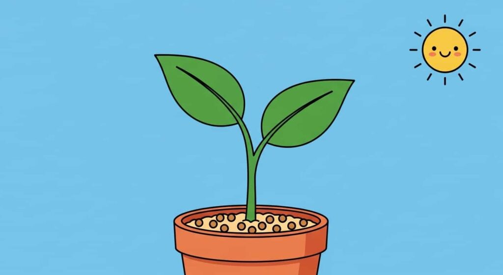 Cartoon diagram showing a Peperomia obtusifolia stem cutting being planted in perlite mix for propagation.