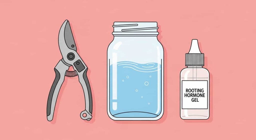Cartoon illustration of propagation supplies including pruning shears, a glass jar, and rooting hormone.
