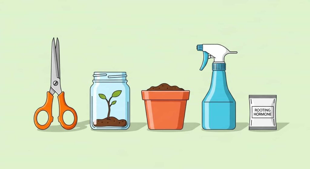 Flat cartoon illustration of essential tools for Peperomia leaf propagation including scissors, glass jar, and soil.