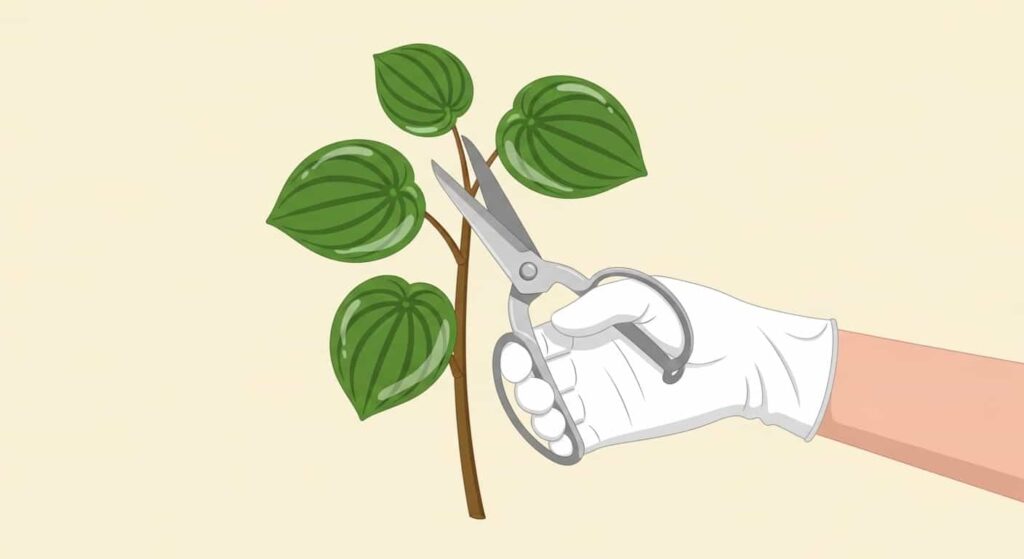 Cartoon hand selecting healthy stem for cutting propagation on solid background