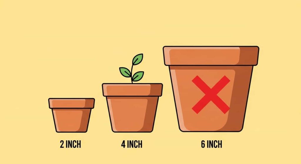 Three terracotta pots in increasing sizes, with the largest pot marked with a red X to indicate choosing a pot too large is a mistake.