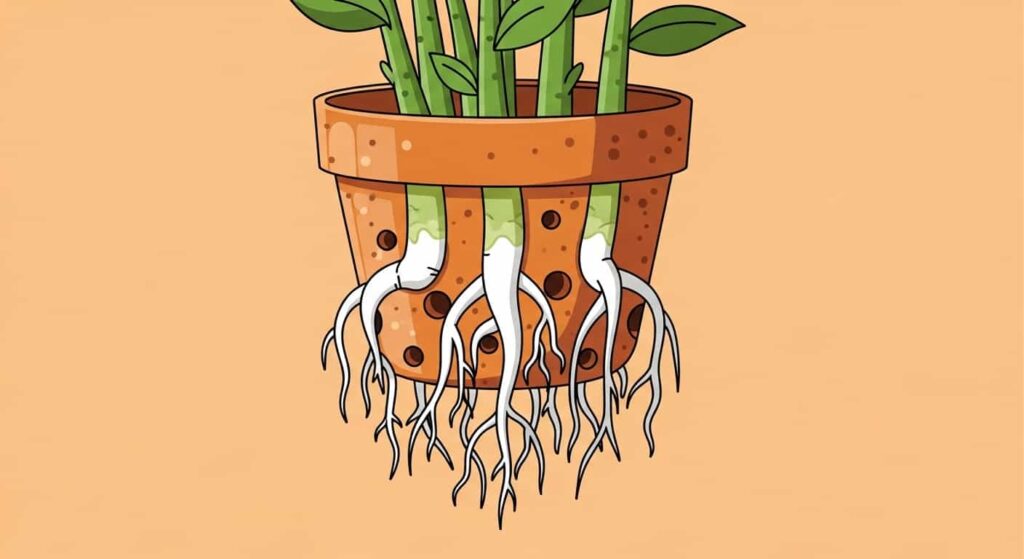 Flat cartoon image showing a Peperomia obtusifolia with roots growing out of drainage holes, indicating it is root-bound and ready for division.