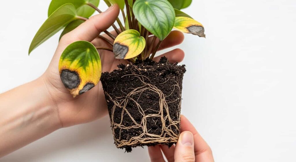 A Peperomia obtusifolia plant pulled from its pot showing dark mushy roots and yellow leaves indicating root rot from overwatering