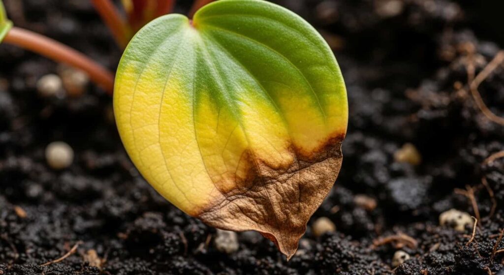 Peperomia Obtusifolia leaf with soft mushy brown patch and yellowing from overwatering and root rot damage