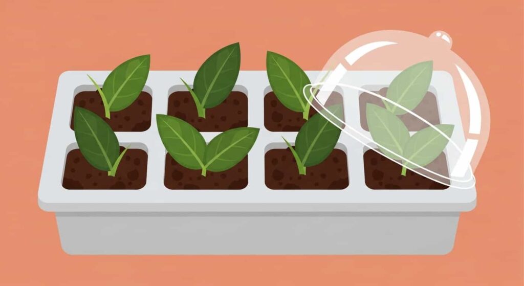 Flat cartoon illustration of Peperomia obtusifolia leaf cuttings planted in a propagation tray with a humidity dome.