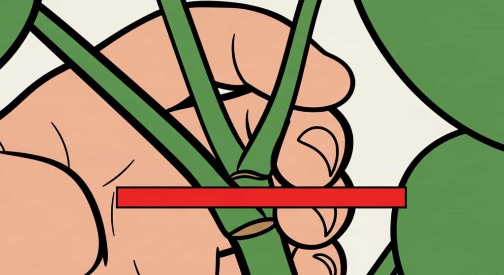 Diagram style cartoon showing where to cut a Peperomia stem below a leaf node for propagation.