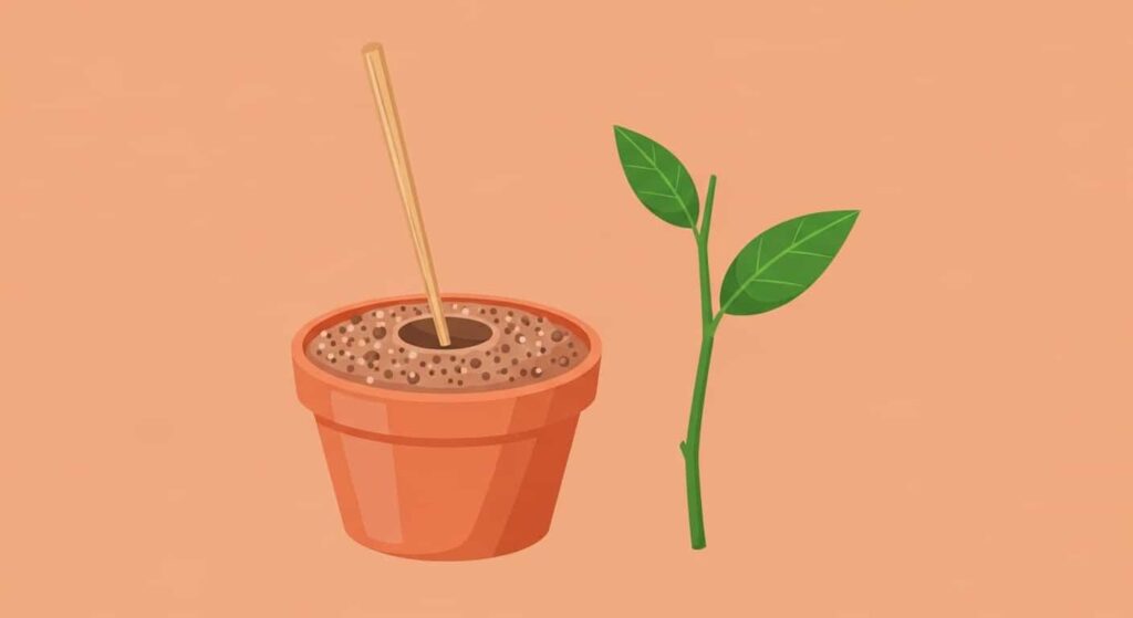 Cartoon illustration of planting stem cutting in soil using chopstick for hole