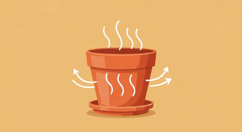 A terracotta pot with wavy lines illustrating airflow through the porous clay material.